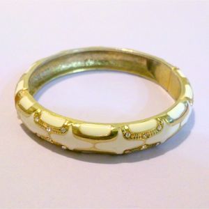 Hinged Gold Tone Rhinestone Accented White Enamel Bangle Bracelet